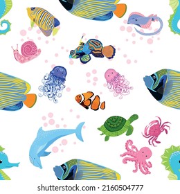 Marine life, fish, animals bright seamless pattern. sea travel, underwater diving animal tropical fish. Jellyfish, whale, shark, seahorse, clown fish, dolphin, turtle emperor fish octopus stingray