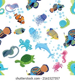 Marine life, fish, animals bright seamless pattern. sea travel, underwater diving animal tropical fish. Jellyfish, whale, shark, seahorse, clown fish, dolphin, turtle emperor fish octopus stingray