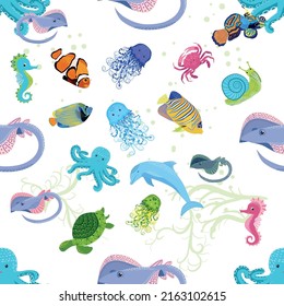 Marine life, fish, animals bright seamless pattern. sea travel, underwater diving animal tropical fish. Jellyfish, whale, shark, seahorse, clown fish, dolphin, turtle emperor fish octopus stingray