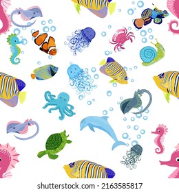 Marine life, fish, animals bright seamless pattern. sea travel, underwater diving animal tropical fish. Jellyfish, whale, shark, seahorse, clown fish, dolphin, turtle emperor fish octopus stingray