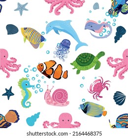 Marine life, fish, animals bright seamless pattern. sea travel, underwater diving animal tropical fish. Jellyfish, whale, shark, seahorse, clown fish, dolphin, turtle emperor fish octopus stingray