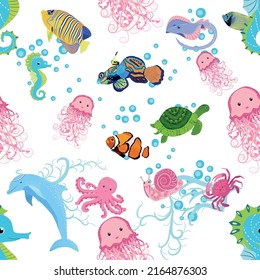 Marine life, fish, animals bright seamless pattern. sea travel, underwater diving animal tropical fish. Jellyfish, whale, shark, seahorse, clown fish, dolphin, turtle emperor fish octopus stingray
