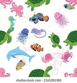 Marine life, fish, animals bright seamless pattern. sea travel, underwater diving animal tropical fish. Jellyfish, whale, shark, seahorse, clown fish, dolphin, turtle emperor fish octopus stingray
