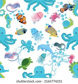 Marine life, fish, animals bright seamless pattern. sea travel, underwater diving animal tropical fish. Jellyfish, whale, shark, seahorse, clown fish, dolphin, turtle emperor fish octopus stingray