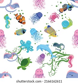 Marine life, fish, animals bright seamless pattern. sea travel, underwater diving animal tropical fish. Jellyfish, whale, shark, seahorse, clown fish, dolphin, turtle emperor fish octopus stingray