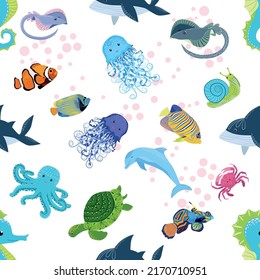 Marine life, fish, animals bright seamless pattern. sea travel, underwater diving animal tropical fish. Jellyfish, whale, shark, seahorse, clown fish, dolphin, turtle emperor fish octopus stingray