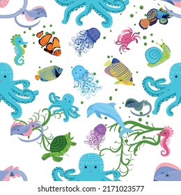 Marine life, fish, animals bright seamless pattern. sea travel, underwater diving animal tropical fish. Jellyfish, whale, shark, seahorse, clown fish, dolphin, turtle emperor fish octopus stingray