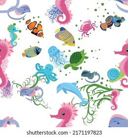 Marine life, fish, animals bright seamless pattern. sea travel, underwater diving animal tropical fish. Jellyfish, whale, shark, seahorse, clown fish, dolphin, turtle emperor fish octopus stingray
