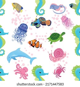 Marine life, fish, animals bright seamless pattern. sea travel, underwater diving animal tropical fish. Jellyfish, whale, shark, seahorse, clown fish, dolphin, turtle emperor fish octopus stingray
