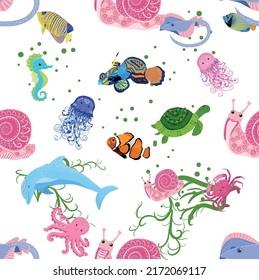 Marine life, fish, animals bright seamless pattern. sea travel, underwater diving animal tropical fish. Jellyfish, whale, shark, seahorse, clown fish, dolphin, turtle emperor fish octopus stingray