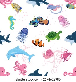 Marine life, fish, animals bright seamless pattern. sea travel, underwater diving animal tropical fish. Jellyfish, whale, shark, seahorse, clown fish, dolphin, turtle emperor fish octopus stingray