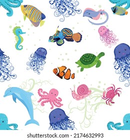 Marine life, fish, animals bright seamless pattern. sea travel, underwater diving animal tropical fish. Jellyfish, whale, shark, seahorse, clown fish, dolphin, turtle emperor fish octopus stingray