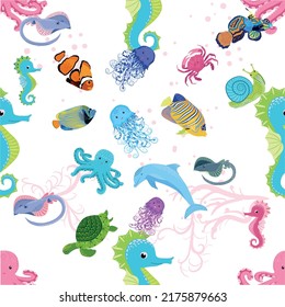 Marine life, fish, animals bright seamless pattern. sea travel, underwater diving animal tropical fish. Jellyfish, whale, shark, seahorse, clown fish, dolphin, turtle emperor fish octopus stingray