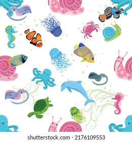 Marine life, fish, animals bright seamless pattern. sea travel, underwater diving animal tropical fish. Jellyfish, whale, shark, seahorse, clown fish, dolphin, turtle emperor fish octopus stingray