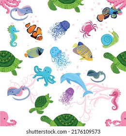 Marine life, fish, animals bright seamless pattern. sea travel, underwater diving animal tropical fish. Jellyfish, whale, shark, seahorse, clown fish, dolphin, turtle emperor fish octopus stingray