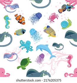 Marine life, fish, animals bright seamless pattern. sea travel, underwater diving animal tropical fish. Jellyfish, whale, shark, seahorse, clown fish, dolphin, turtle emperor fish octopus stingray