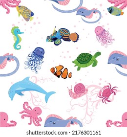 Marine life, fish, animals bright seamless pattern. sea travel, underwater diving animal tropical fish. Jellyfish, whale, shark, seahorse, clown fish, dolphin, turtle emperor fish octopus stingray
