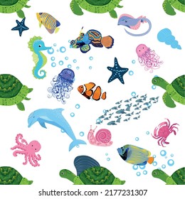 Marine life, fish, animals bright seamless pattern. sea travel, underwater diving animal tropical fish. Jellyfish, whale, shark, seahorse, clown fish, dolphin, turtle emperor fish octopus stingray