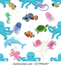 Marine life, fish, animals bright seamless pattern. sea travel, underwater diving animal tropical fish. Jellyfish, whale, shark, seahorse, clown fish, dolphin, turtle emperor fish octopus stingray