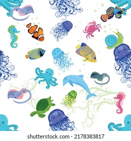 Marine life, fish, animals bright seamless pattern. sea travel, underwater diving animal tropical fish. Jellyfish, whale, shark, seahorse, clown fish, dolphin, turtle emperor fish octopus stingray