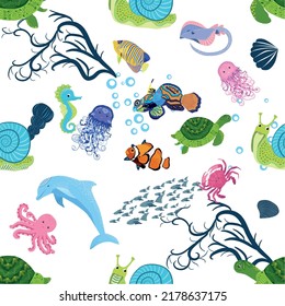 Marine life, fish, animals bright seamless pattern. sea travel, underwater diving animal tropical fish. Jellyfish, whale, shark, seahorse, clown fish, dolphin, turtle emperor fish octopus stingray