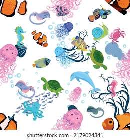 Marine life, fish, animals bright seamless pattern. sea travel, underwater diving animal tropical fish. Jellyfish, whale, shark, seahorse, clown fish, dolphin, turtle emperor fish octopus stingray