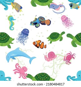Marine life, fish, animals bright seamless pattern. sea travel, underwater diving animal tropical fish. Jellyfish, whale, shark, seahorse, clown fish, dolphin, turtle emperor fish octopus stingray