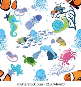 Marine life, fish, animals bright seamless pattern. sea travel, underwater diving animal tropical fish. Jellyfish, whale, shark, seahorse, clown fish, dolphin, turtle emperor fish octopus stingray