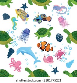 Marine life, fish, animals bright seamless pattern. sea travel, underwater diving animal tropical fish. Jellyfish, whale, shark, seahorse, clown fish, dolphin, turtle emperor fish octopus stingray