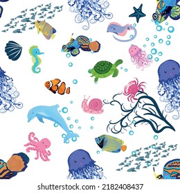 Marine life, fish, animals bright seamless pattern. sea travel, underwater diving animal tropical fish. Jellyfish, whale, shark, seahorse, clown fish, dolphin, turtle emperor fish octopus stingray