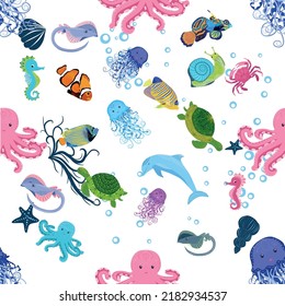 Marine life, fish, animals bright seamless pattern. sea travel, underwater diving animal tropical fish. Jellyfish, whale, shark, seahorse, clown fish, dolphin, turtle emperor fish octopus stingray
