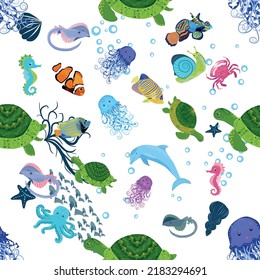 Marine life, fish, animals bright seamless pattern. sea travel, underwater diving animal tropical fish. Jellyfish, whale, shark, seahorse, clown fish, dolphin, turtle emperor fish octopus stingray