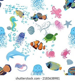 Marine life, fish, animals bright seamless pattern. sea travel, underwater diving animal tropical fish. Jellyfish, whale, shark, seahorse, clown fish, dolphin, turtle emperor fish octopus stingray
