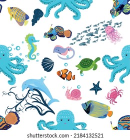 Marine life, fish, animals bright seamless pattern. sea travel, underwater diving animal tropical fish. Jellyfish, whale, shark, seahorse, clown fish, dolphin, turtle emperor fish octopus stingray