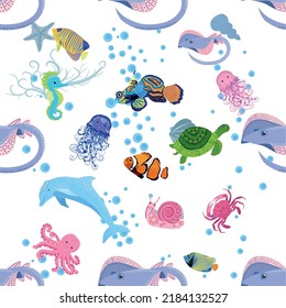 Marine life, fish, animals bright seamless pattern. sea travel, underwater diving animal tropical fish. Jellyfish, whale, shark, seahorse, clown fish, dolphin, turtle emperor fish octopus stingray