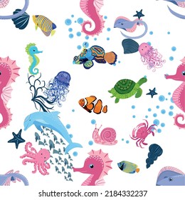Marine life, fish, animals bright seamless pattern. sea travel, underwater diving animal tropical fish. Jellyfish, whale, shark, seahorse, clown fish, dolphin, turtle emperor fish octopus stingray