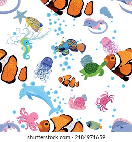 Marine life, fish, animals bright seamless pattern. sea travel, underwater diving animal tropical fish. Jellyfish, whale, shark, seahorse, clown fish, dolphin, turtle emperor fish octopus stingray