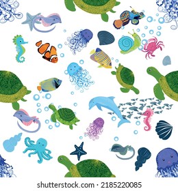 Marine life, fish, animals bright seamless pattern. sea travel, underwater diving animal tropical fish. Jellyfish, whale, shark, seahorse, clown fish, dolphin, turtle emperor fish octopus stingray