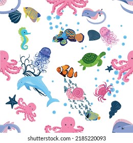 Marine life, fish, animals bright seamless pattern. sea travel, underwater diving animal tropical fish. Jellyfish, whale, shark, seahorse, clown fish, dolphin, turtle emperor fish octopus stingray