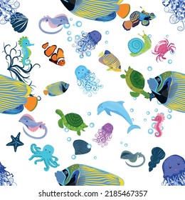Marine life, fish, animals bright seamless pattern. sea travel, underwater diving animal tropical fish. Jellyfish, whale, shark, seahorse, clown fish, dolphin, turtle emperor fish octopus stingray