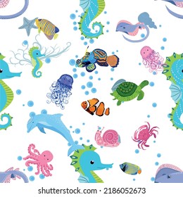 Marine life, fish, animals bright seamless pattern. sea travel, underwater diving animal tropical fish. Jellyfish, whale, shark, seahorse, clown fish, dolphin, turtle emperor fish octopus stingray