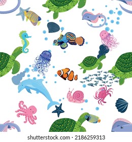 Marine life, fish, animals bright seamless pattern. sea travel, underwater diving animal tropical fish. Jellyfish, whale, shark, seahorse, clown fish, dolphin, turtle emperor fish octopus stingray