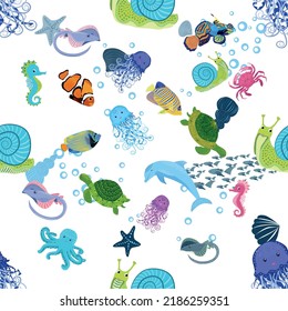 Marine life, fish, animals bright seamless pattern. sea travel, underwater diving animal tropical fish. Jellyfish, whale, shark, seahorse, clown fish, dolphin, turtle emperor fish octopus stingray