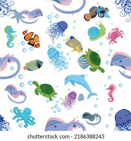 Marine life, fish, animals bright seamless pattern. sea travel, underwater diving animal tropical fish. Jellyfish, whale, shark, seahorse, clown fish, dolphin, turtle emperor fish octopus stingray