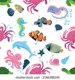 Marine life, fish, animals bright seamless pattern. sea travel, underwater diving animal tropical fish. Jellyfish, whale, shark, seahorse, clown fish, dolphin, turtle emperor fish octopus stingray