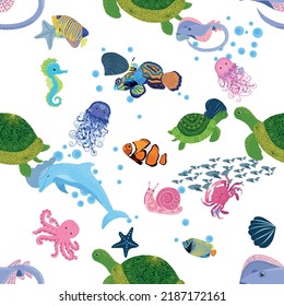 Marine life, fish, animals bright seamless pattern. sea travel, underwater diving animal tropical fish. Jellyfish, whale, shark, seahorse, clown fish, dolphin, turtle emperor fish octopus stingray