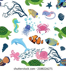 Marine life, fish, animals bright seamless pattern. sea travel, underwater diving animal tropical fish. Jellyfish, whale, shark, seahorse, clown fish, dolphin, turtle emperor fish octopus stingray