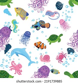 Marine life, fish, animals bright seamless pattern. sea travel, underwater diving animal tropical fish. Jellyfish, whale, shark, seahorse, clown fish, dolphin, turtle emperor fish octopus stingray