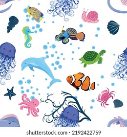 Marine life, fish, animals bright seamless pattern. sea travel, underwater diving animal tropical fish. Jellyfish, whale, shark, seahorse, clown fish, dolphin, turtle emperor fish octopus stingray