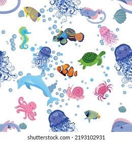 Marine life, fish, animals bright seamless pattern. sea travel, underwater diving animal tropical fish. Jellyfish, whale, shark, seahorse, clown fish, dolphin, turtle emperor fish octopus stingray